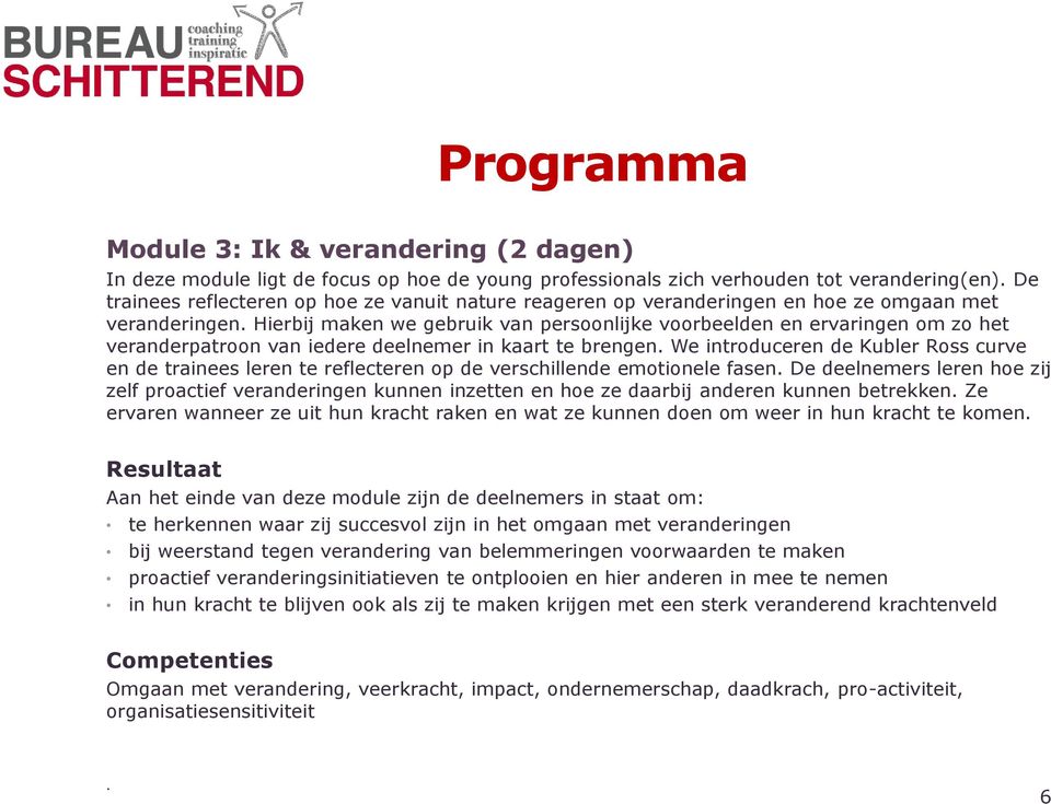 Hierbij maken we gebruik van persoonlijke voorbeelden en ervaringen om zo het veranderpatroon van iedere deelnemer in kaart te brengen.