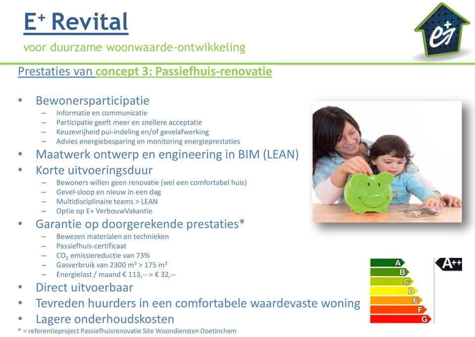 een dag Multidisciplinaire teams > LEAN Optie op E+ VerbouwVakantie Garantie op doorgerekende prestaties* Bewezen materialen en technieken Passiefhuis-certificaat CO 2 emissiereductie van 73%