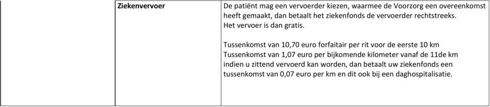 Tussenkomst van 10,70 euro forfaitair per rit voor de eerste 10 km Tussenkomst van 1,07 euro per bijkomende