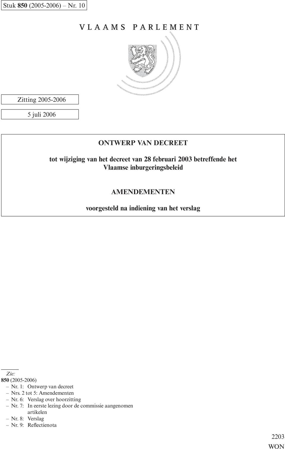 Nr. 1: Ontwerp van decreet Nrs. 2 tot 5: Amendementen Nr. 6: Verslag over hoorzitting Nr.