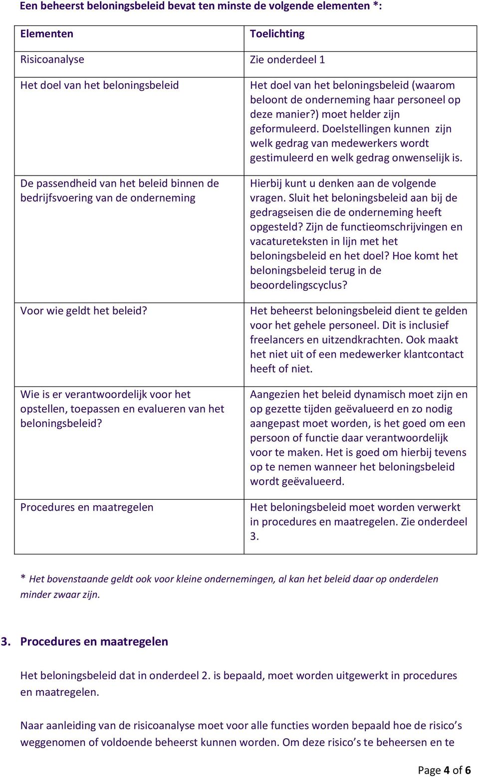 Procedures en maatregelen Het doel van het beloningsbeleid (waarom beloont de onderneming haar personeel op deze manier?) moet helder zijn geformuleerd.