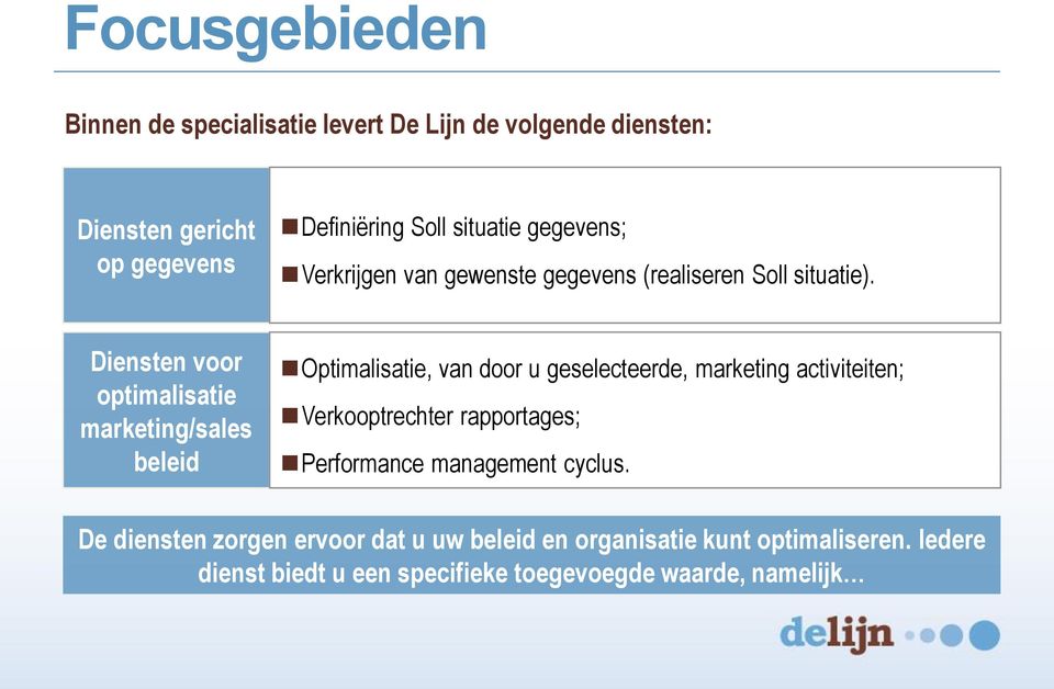 Diensten voor optimalisatie marketing/sales beleid Optimalisatie, van door u geselecteerde, marketing activiteiten;