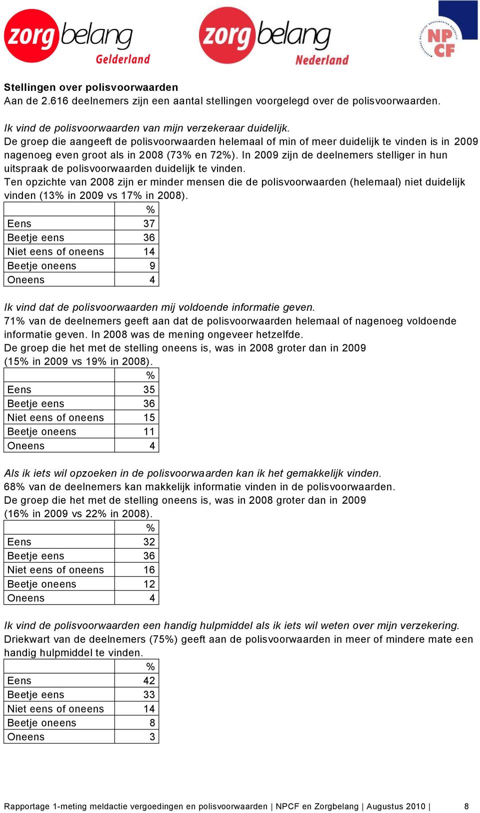 In 2009 zijn de deelnemers stelliger in hun uitspraak de polisvoorwaarden duidelijk te vinden.