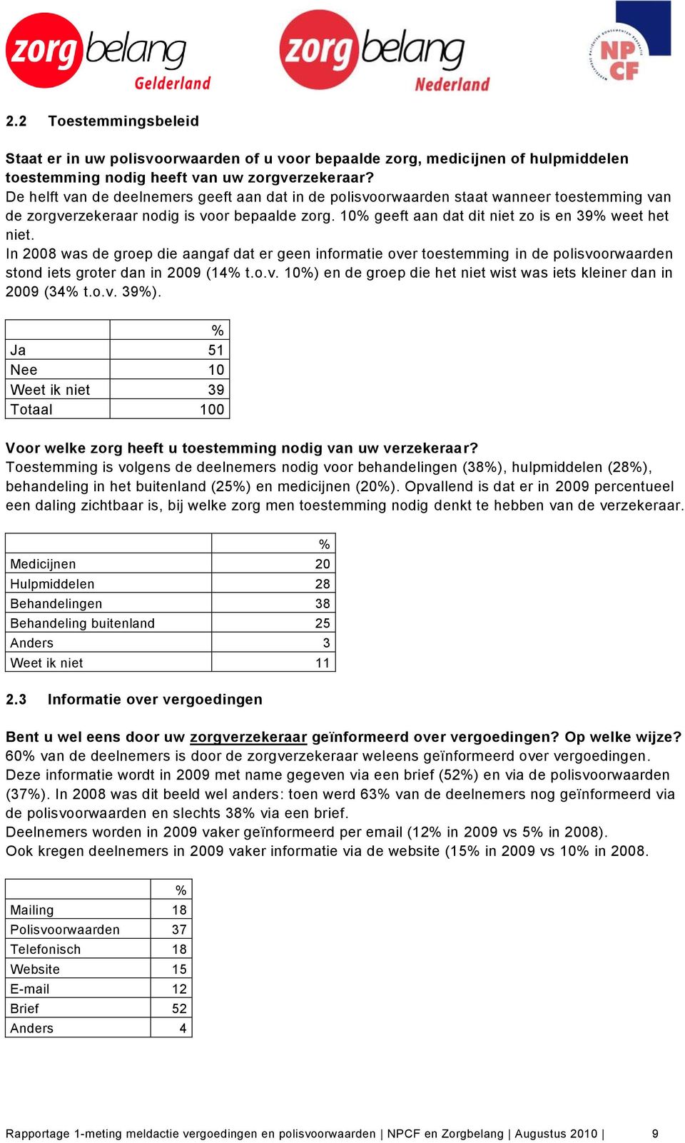 In 2008 was de groep die aangaf dat er geen informatie over toestemming in de polisvoorwaarden stond iets groter dan in 2009 (14 t.o.v. 10) en de groep die het niet wist was iets kleiner dan in 2009 (34 t.