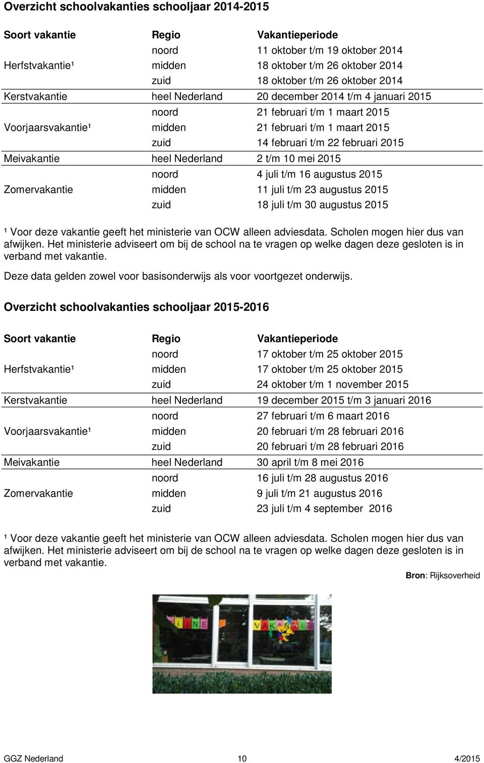 februari 2015 Meivakantie heel Nederland 2 t/m 10 mei 2015 Zomervakantie noord 4 juli t/m 16 augustus 2015 midden 11 juli t/m 23 augustus 2015 zuid 18 juli t/m 30 augustus 2015 ¹ Voor deze vakantie