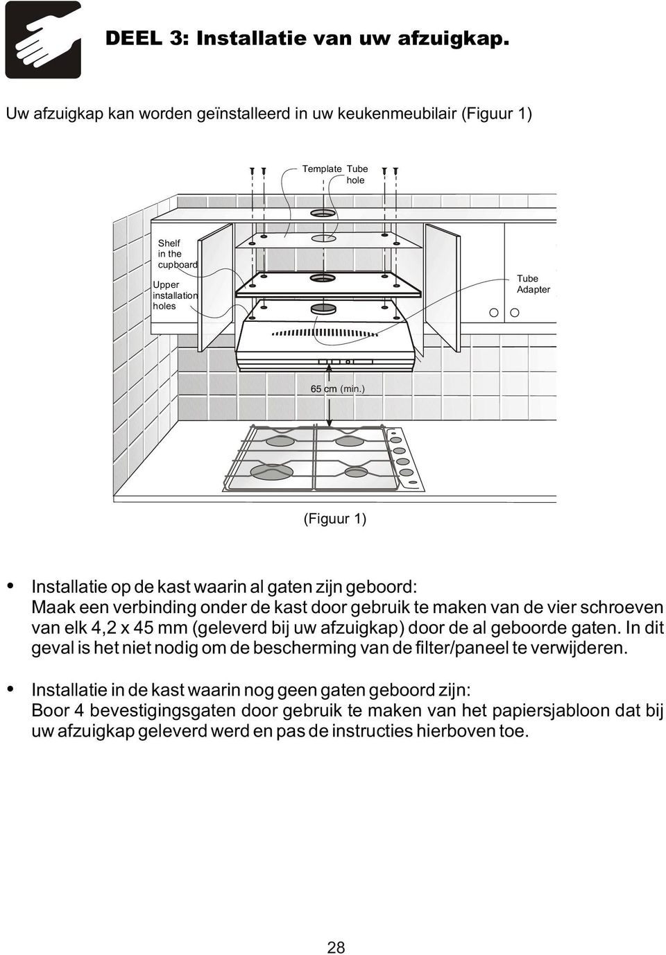 ) (Figuur 1) Installatie op de kast waarin al gaten zijn geboord: Maak een verbinding onder de kast door gebruik te maken van de vier schroeven van elk 4,2 x 45 mm (geleverd