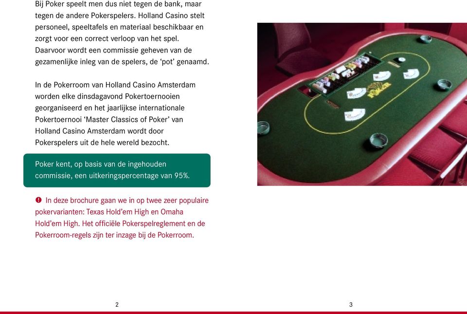 In de Pokerroom van Holland Casino Amsterdam worden elke dinsdagavond Pokertoernooien georganiseerd en het jaarlijkse internationale Pokertoernooi Master Classics of Poker van Holland Casino
