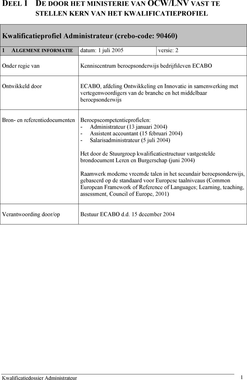 beroepsonderwijs Bron- en referentiedocumenten Beroepscompetentieprofielen: - Administrateur (13 januari 2004) - Assistent accountant (15 februari 2004) - Salarisadministrateur (5 juli 2004) Het door