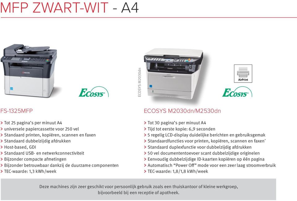 pagina s per minuut A4 Tijd tot eerste kopie: 6,9 seconden 5 regelig LCD-display duidelijke berichten en gebruiksgemak Standaardfuncties voor printen, kopiëren, scannen en faxen * Standaard