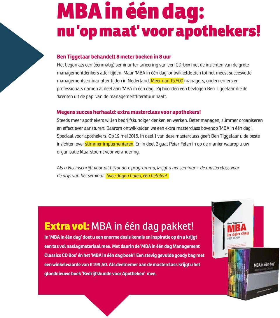 Maar 'MBA in één dag' ontwikkelde zich tot het meest succesvolle managementseminar aller tijden in Nederland. Meer dan 15.500 managers, ondernemers en professionals namen al deel aan MBA in één dag.