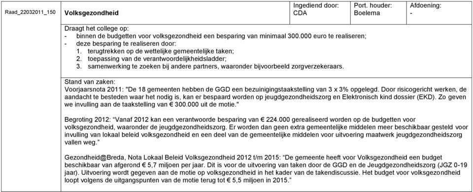 Voorjaarsnota 2011: "De 18 gemeenten hebben de GGD een bezuinigingstaakstelling van 3 x 3% opgelegd.