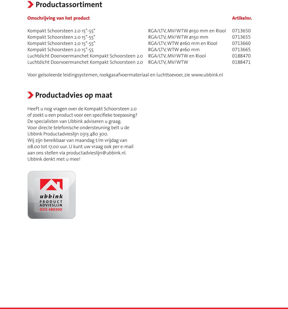 0 15-55 RGA/LTV, WTW ø160 mm 0713665 Luchtdicht Doorvoermanchet Kompakt Schoorsteen 2.0 RGA/LTV, MV/WTW en Riool 0188470 Luchtdicht Doorvoermanchet Kompakt Schoorsteen 2.