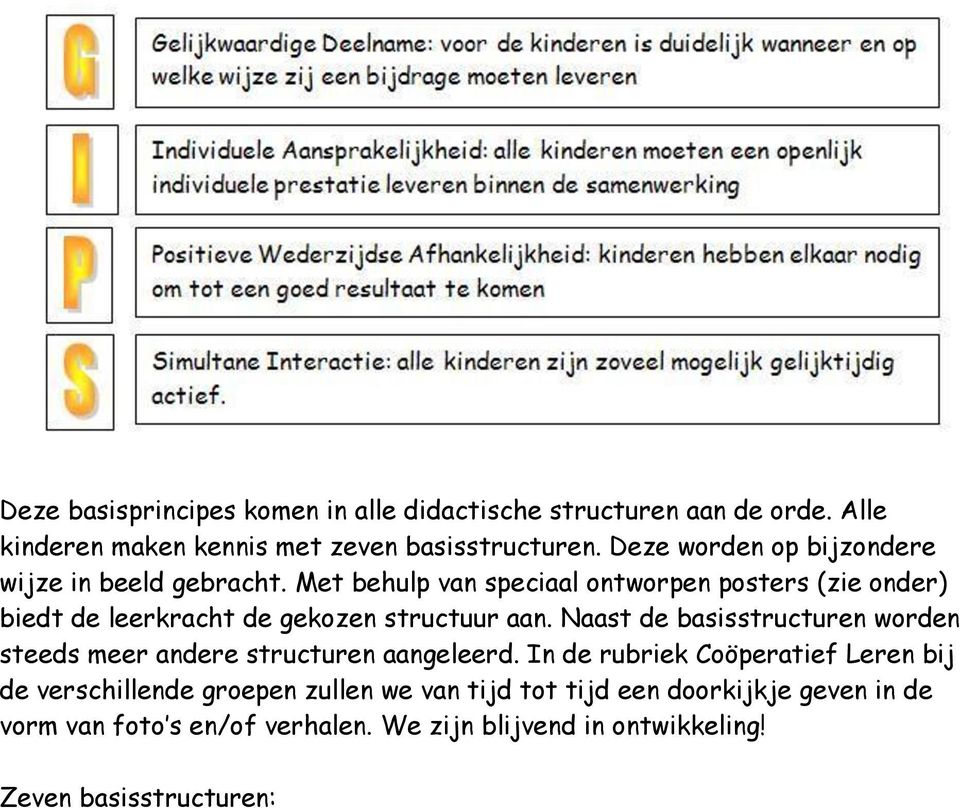 Met behulp van speciaal ontworpen posters (zie onder) biedt de leerkracht de gekozen structuur aan.