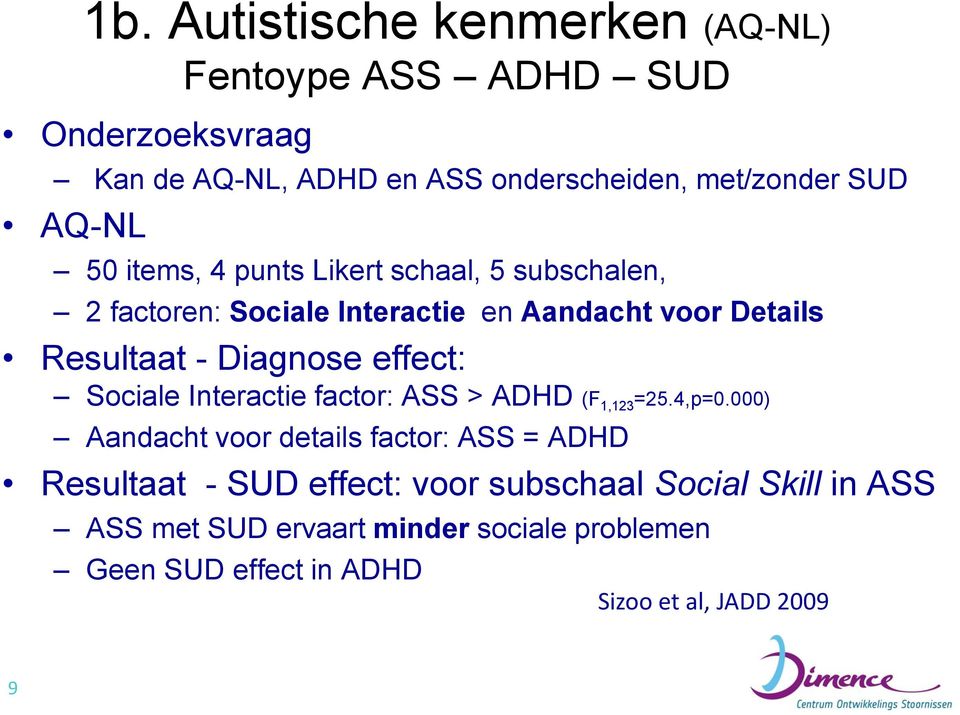 en Aandacht voor Details Resultaat - Diagnose effect: Sociale Interactie factor: ASS > ADHD (F 1,123 =25.4,p=0.