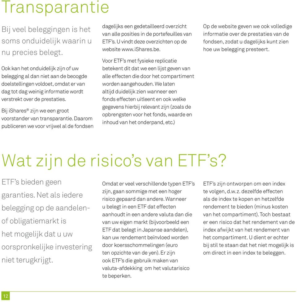 Bij ishares zijn we een groot voorstander van transparantie. Daarom publiceren we voor vrijwel al de fondsen dagelijks een gedetailleerd overzicht van alle posities in de portefeuilles van ETF s.