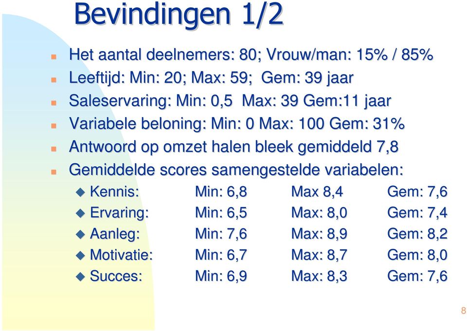 bleek gemiddeld 7,8 Gemiddelde scores samengestelde variabelen: Kennis: Min: 6,8 Max 8,4 Ervaring: Min: 6,5 Max: 8,0