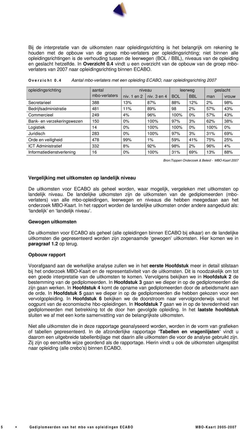 4 vindt u een overzicht van de opbouw van de groep mboverlaters van 2007 naar opleidingsrichting binnen ECABO. Overzicht 0.