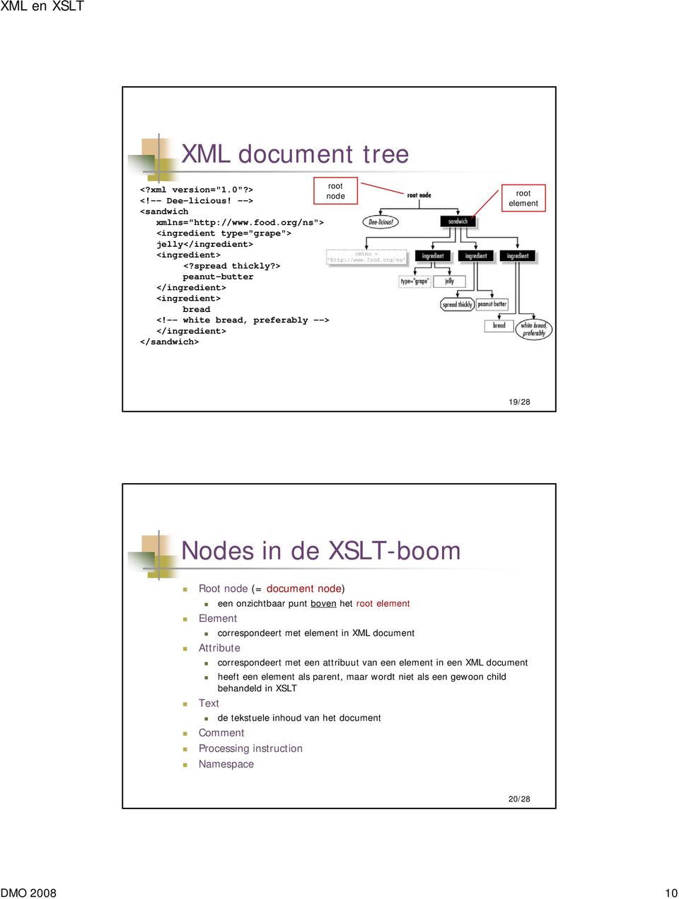 -- white bread, preferably --> </ingredient> </sandwich> root element 19/28 Nodes in de XSLT-boom Root node (= document node) een onzichtbaar punt boven het root element Element