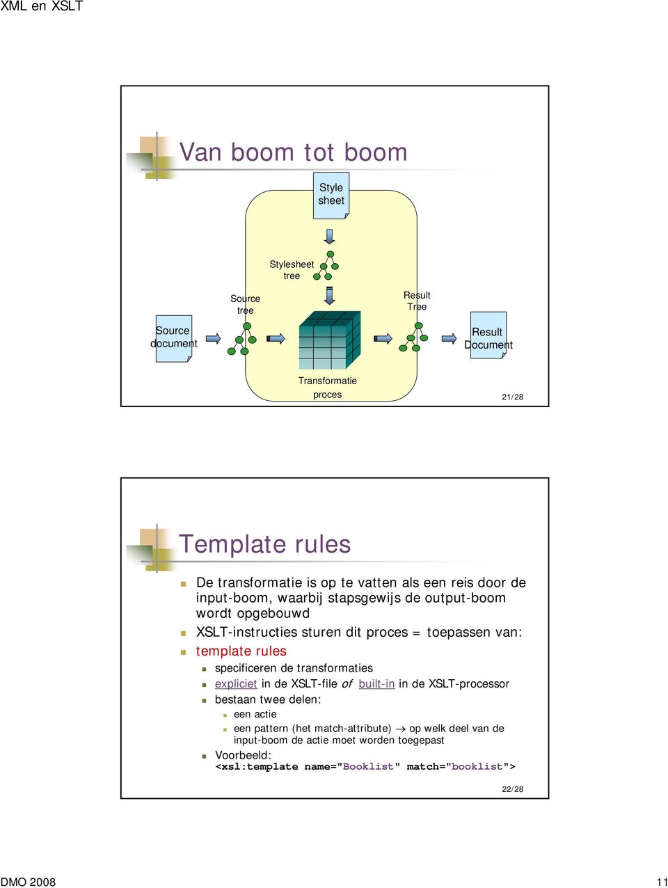 toepassen van: template rules specificeren de transformaties expliciet in de XSLT-file of built-in in de XSLT-processor bestaan twee delen: een actie een