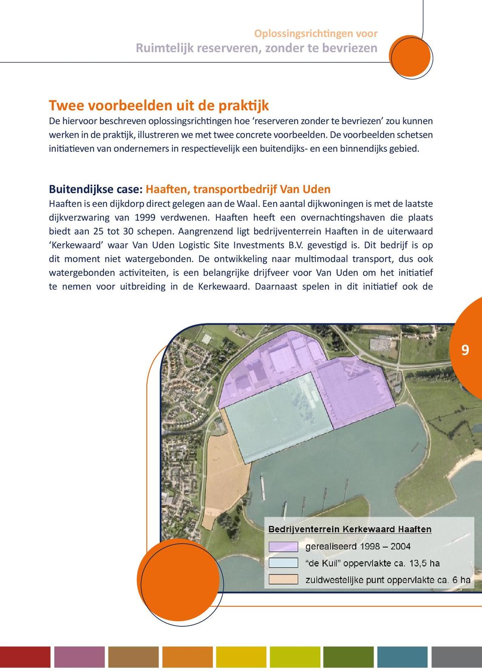 Buitendijkse case: Haaften, transportbedrijf Van Uden Haaften is een dijkdorp direct gelegen aan de Waal. Een aantal dijkwoningen is met de laatste dijkverzwaring van 1999 verdwenen.