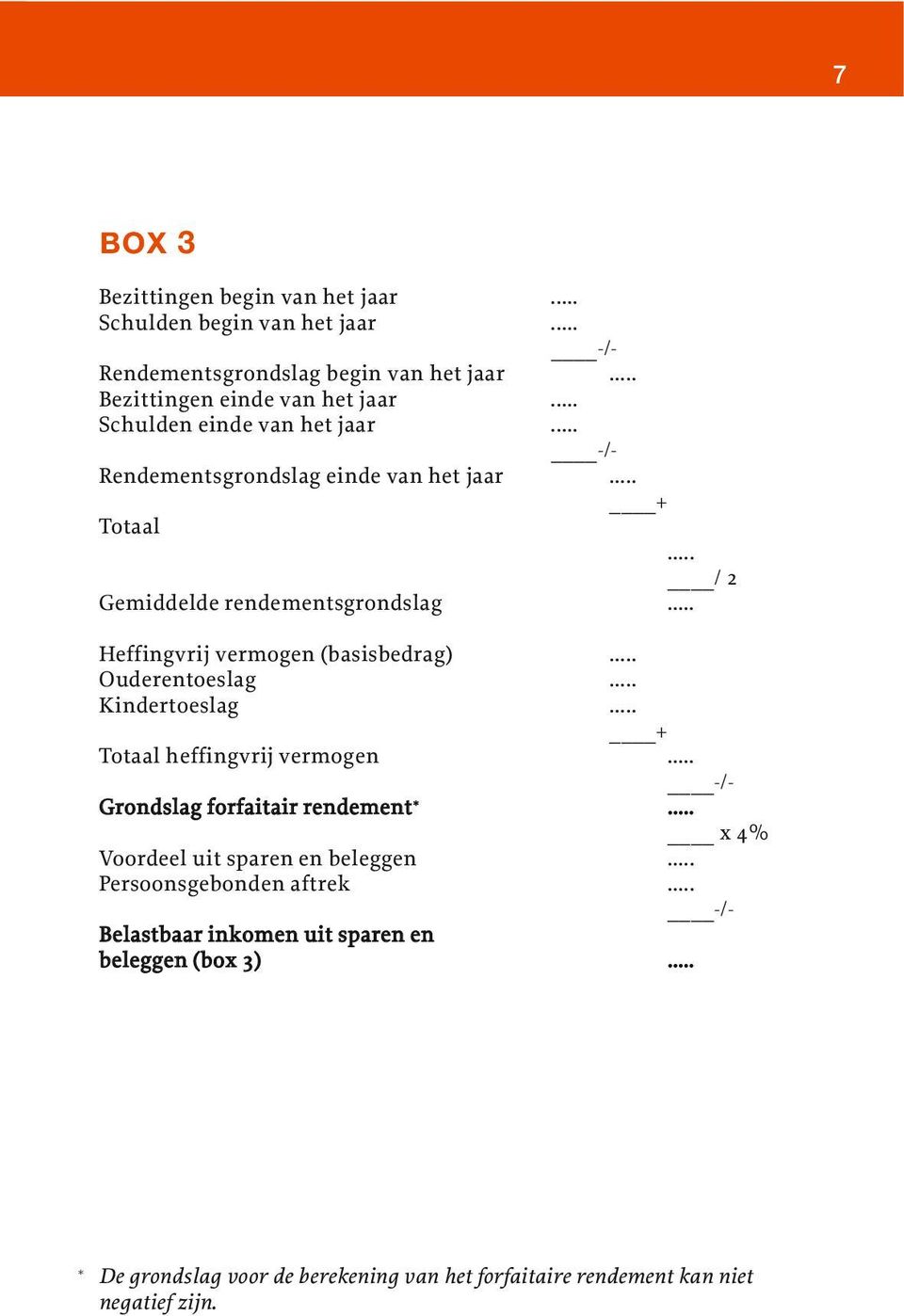 .. Heffingvrij vermogen (basisbedrag)... Ouderentoeslag... Kindertoeslag... + Totaal heffingvrij vermogen... -/- Grondslag forfaitair rendement *.