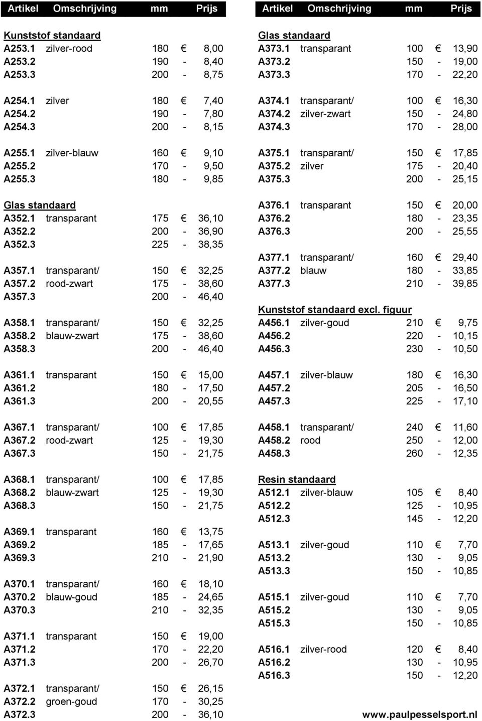 2 zilver 175-20,40 A255.3 180-9,85 A375.3 200-25,15 Glas standaard A376.1 transparant 150 20,00 A352.1 transparant 175 36,10 A376.2 180-23,35 A352.2 200-36,90 A376.3 200-25,55 A352.3 225-38,35 A377.