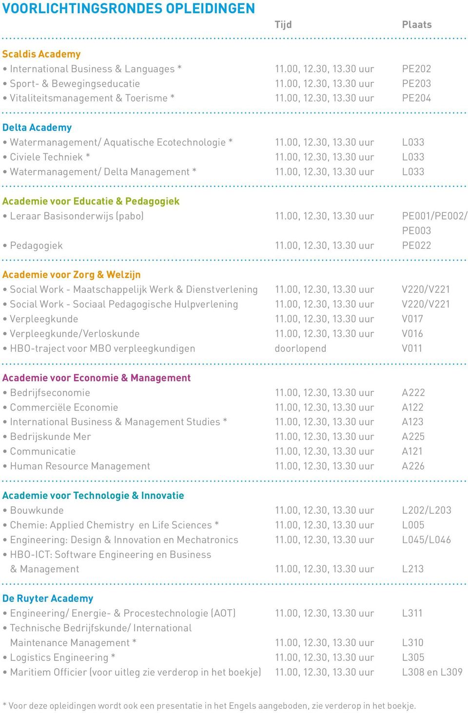 00, 12.30, 13.30 uur L033 Academie voor Educatie & Pedagogiek Leraar Basisonderwijs (pabo) 11.00, 12.30, 13.30 uur PE001/PE002/ PE003 Pedagogiek 11.00, 12.30, 13.30 uur PE022 Academie voor Zorg & Welzijn Social Work - Maatschappelijk Werk & Dienstverlening 11.