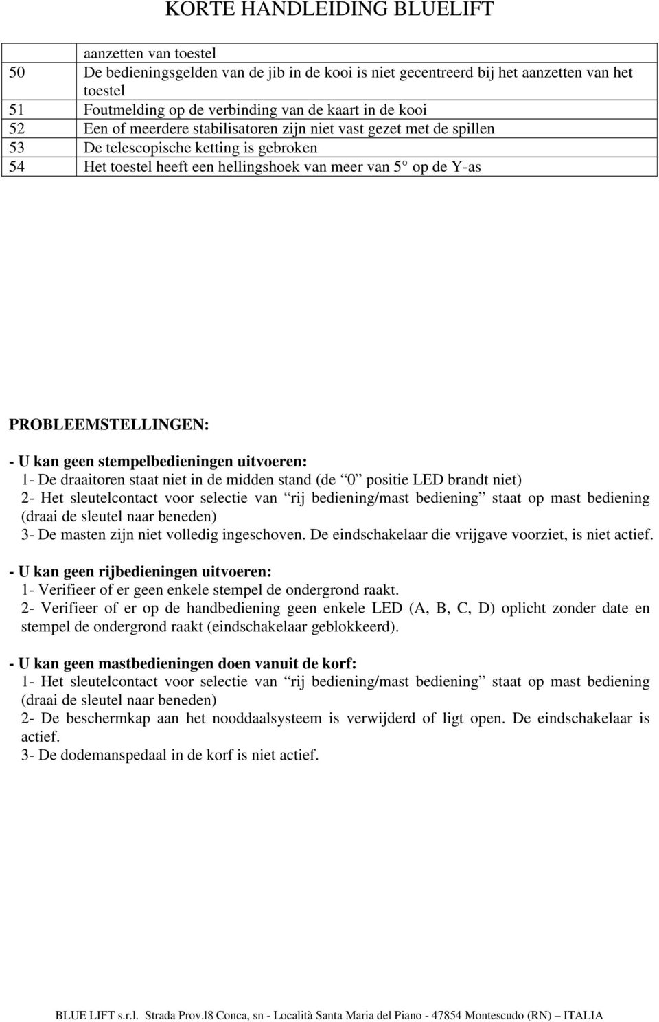 stempelbedieningen uitvoeren: 1- De draaitoren staat niet in de midden stand (de 0 positie LED brandt niet) 2- Het sleutelcontact voor selectie van rij bediening/mast bediening staat op mast