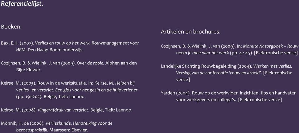 Artikelen en brochures. Cozijnsen, B. & Wielink, J. van (2009). In: Monuta Nazorgboek Rouw neem je mee naar het werk (pp. 42-45). [Elektronische versie] Landelijke Stichting Rouwbegeleiding (2004).