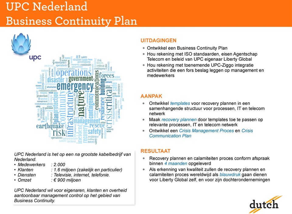 processen, IT en telecom netwerk Maak recovery plannen door templates toe te passen op relevante processen, IT en telecom netwerk Ontwikkel een Crisis Management Proces en Crisis Communication Plan