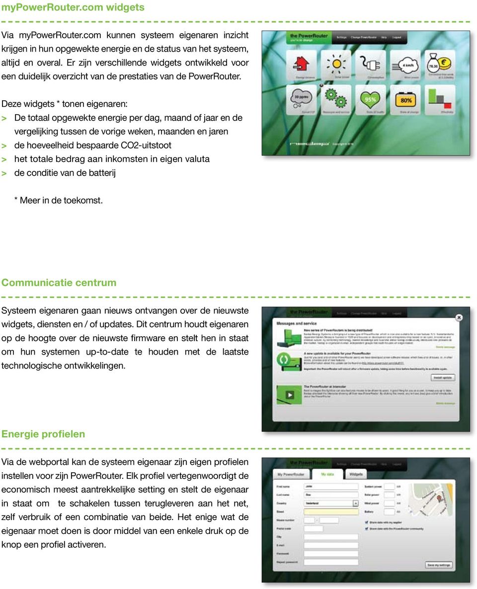 Deze widgets * tonen eigenaren: > De totaal opgewekte energie per dag, maand of jaar en de vergelijking tussen de vorige weken, maanden en jaren > de hoeveelheid bespaarde CO2-uitstoot > het totale