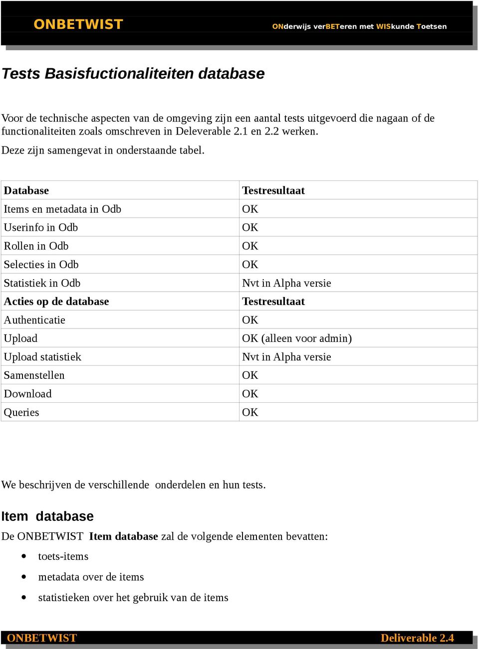 Database Items en metadata in Odb Userinfo in Odb Rollen in Odb Selecties in Odb Statistiek in Odb Acties op de database Authenticatie Upload Upload statistiek Samenstellen Download