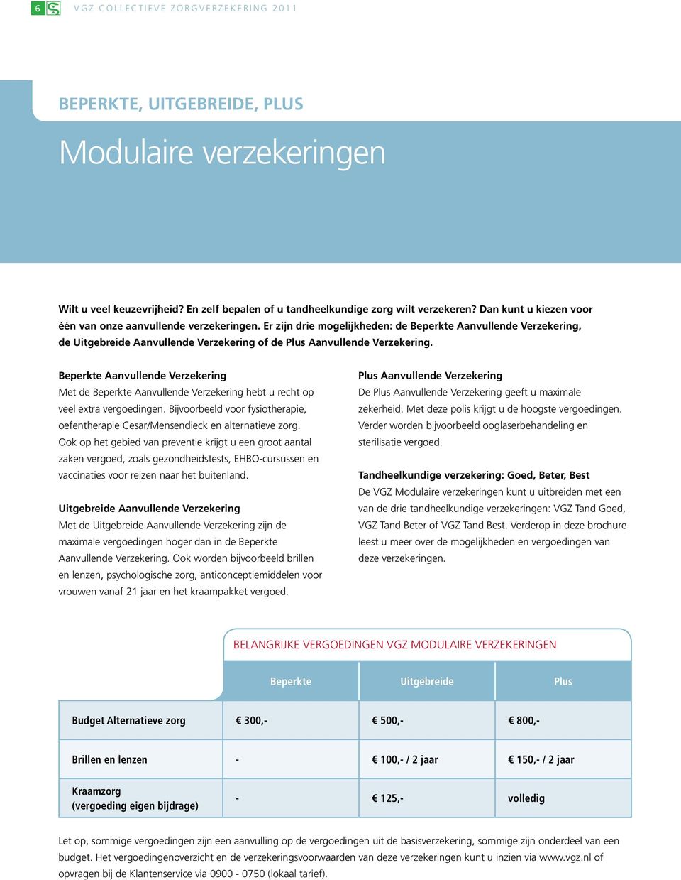 Er zijn drie mogelijkheden: de Beperkte Aanvullende Verzekering, de Uitgebreide Aanvullende Verzekering of de Plus Aanvullende Verzekering.