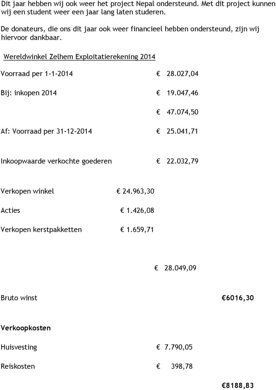 Wereldwinkel Zelhem Exploitatierekening 2014 Voorraad per 1-1-2014 28.027,04 Bij: inkopen 2014 19.047,46 47.074,50 Af: Voorraad per 31-12-2014 25.
