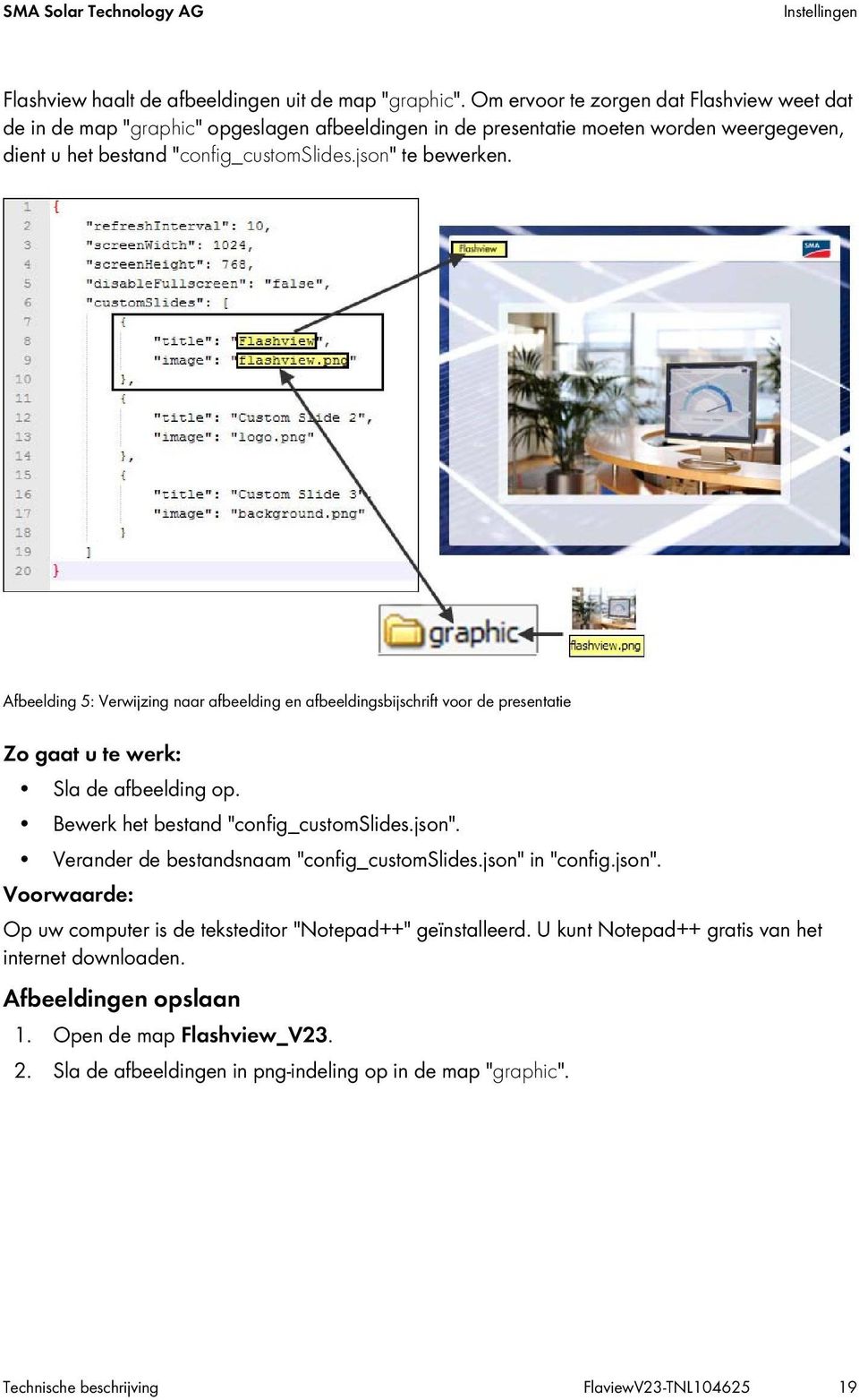 Afbeelding 5: Verwijzing naar afbeelding en afbeeldingsbijschrift voor de presentatie Zo gaat u te werk: Sla de afbeelding op. Bewerk het bestand "config_customslides.json".