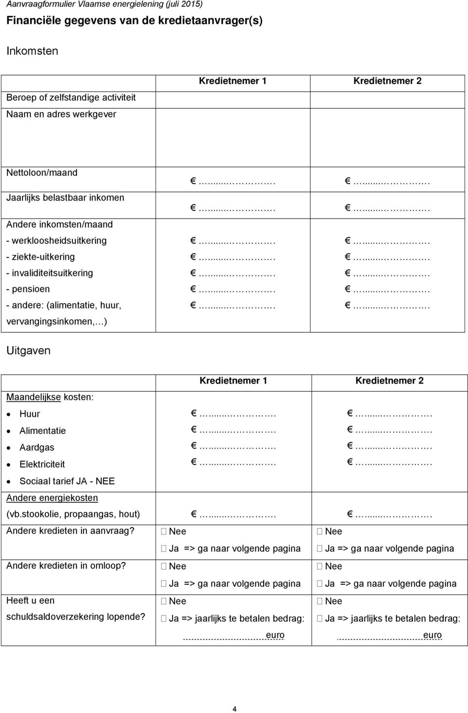 kosten: Huur Alimentatie Aardgas Elektriciteit Sociaal tarief JA - NEE Andere energiekosten (vb.stookolie, propaangas, hout) Andere kredieten in aanvraag?