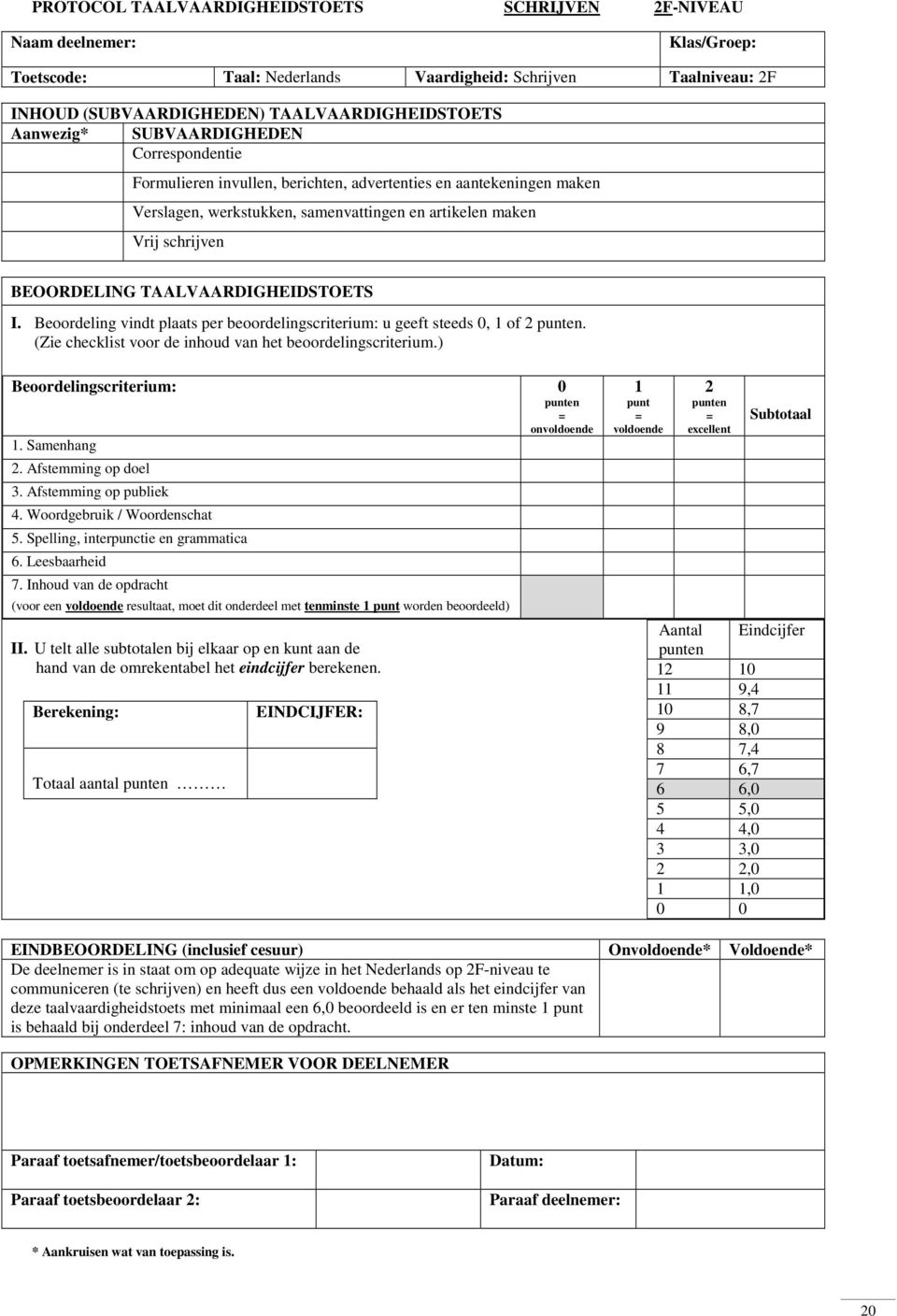 TAALVAARDIGHEIDSTOETS I. Beoordeling vindt plaats per beoordelingscriterium: u geeft steeds 0, 1 of 2 punten. (Zie checklist voor de inhoud van het beoordelingscriterium.