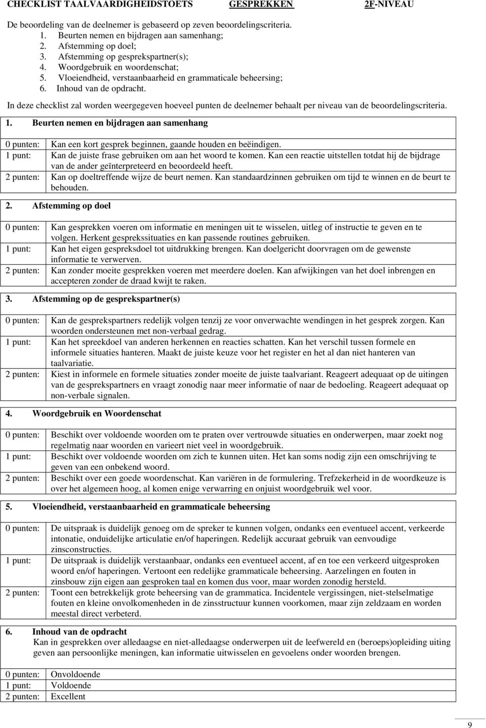 In deze checklist zal worden weergegeven hoeveel punten de deelnemer behaalt per niveau van de beoordelingscriteria. 1.