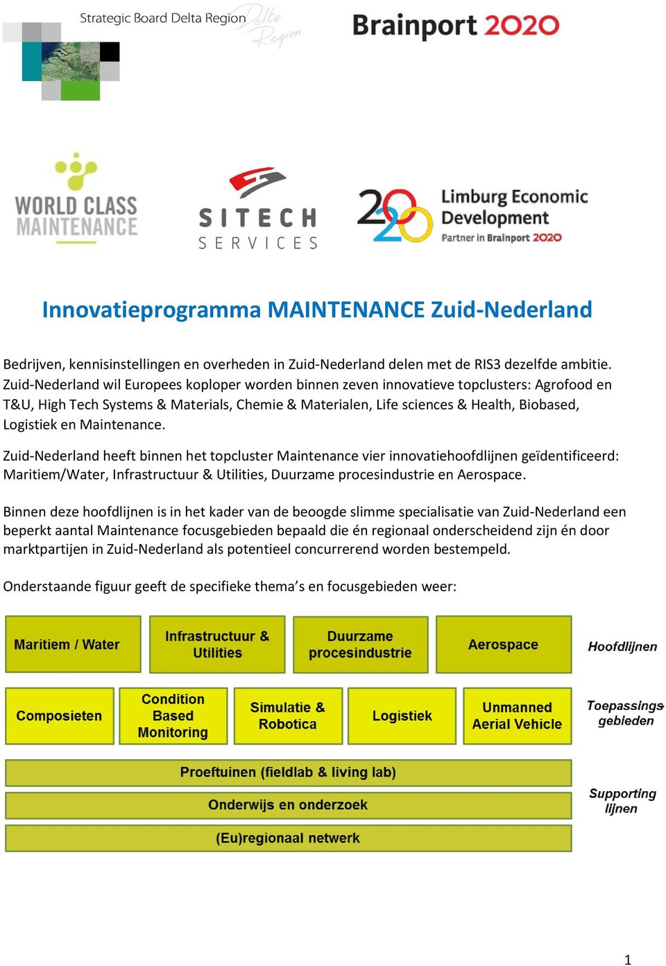 Maintenance. Zuid-Nederland heeft binnen het topcluster Maintenance vier innovatiehoofdlijnen geïdentificeerd: Maritiem/Water, Infrastructuur & Utilities, Duurzame procesindustrie en Aerospace.