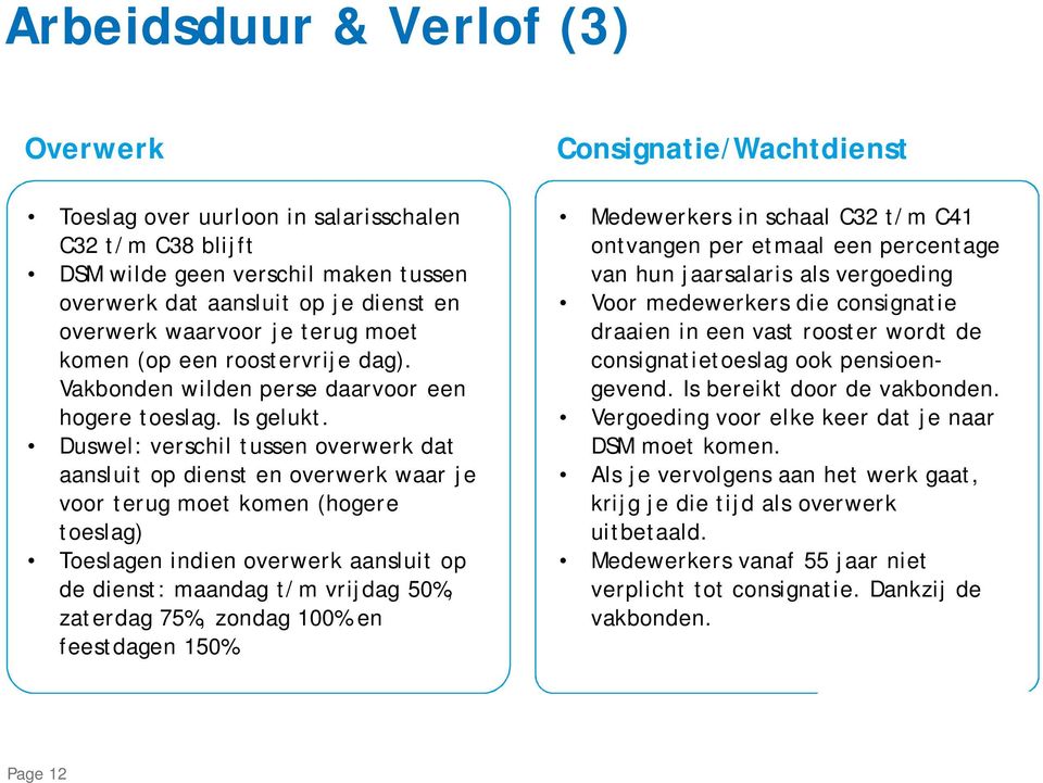 Duswel: verschil tussen overwerk dat aansluit op dienst en overwerk waar je voor terug moet komen (hogere toeslag) Toeslagen indien overwerk aansluit op de dienst: maandag t/m vrijdag 50%, zaterdag