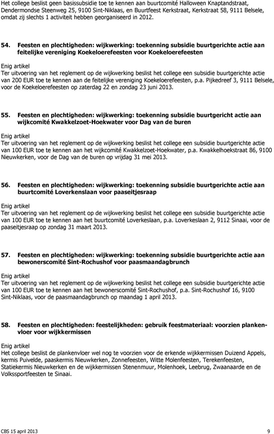 Feesten en plechtigheden: wijkwerking: toekenning subsidie buurtgerichte actie aan feitelijke vereniging Koekeloerefeesten voor Koekeloerefeesten Ter uitvoering van het reglement op de wijkwerking