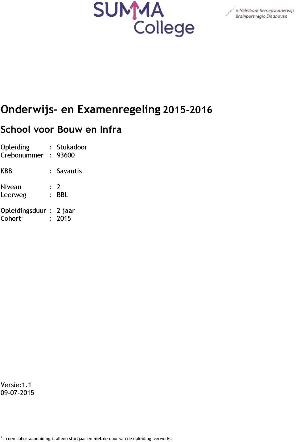 Opleidingsduur : 2 jaar Cohort 1 : 2015 Versie:1.