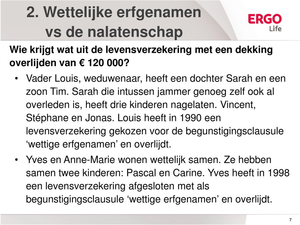 Vincent, Stéphane en Jonas. Louis heeft in 1990 een levensverzekering gekozen voor de begunstigingsclausule wettige erfgenamen en overlijdt.