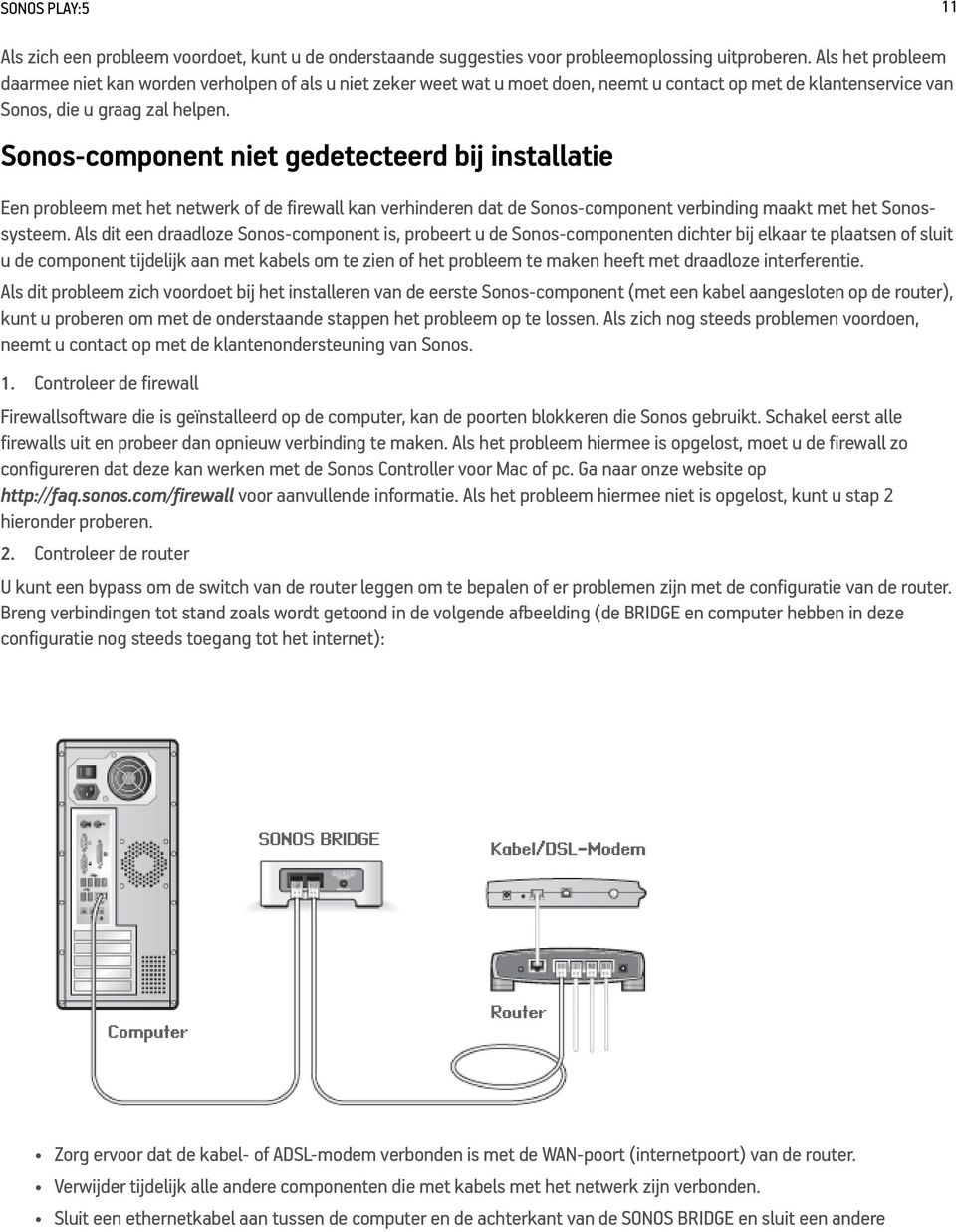 Sonos-component niet gedetecteerd bij installatie Een probleem met het netwerk of de firewall kan verhinderen dat de Sonos-component verbinding maakt met het Sonossysteem.