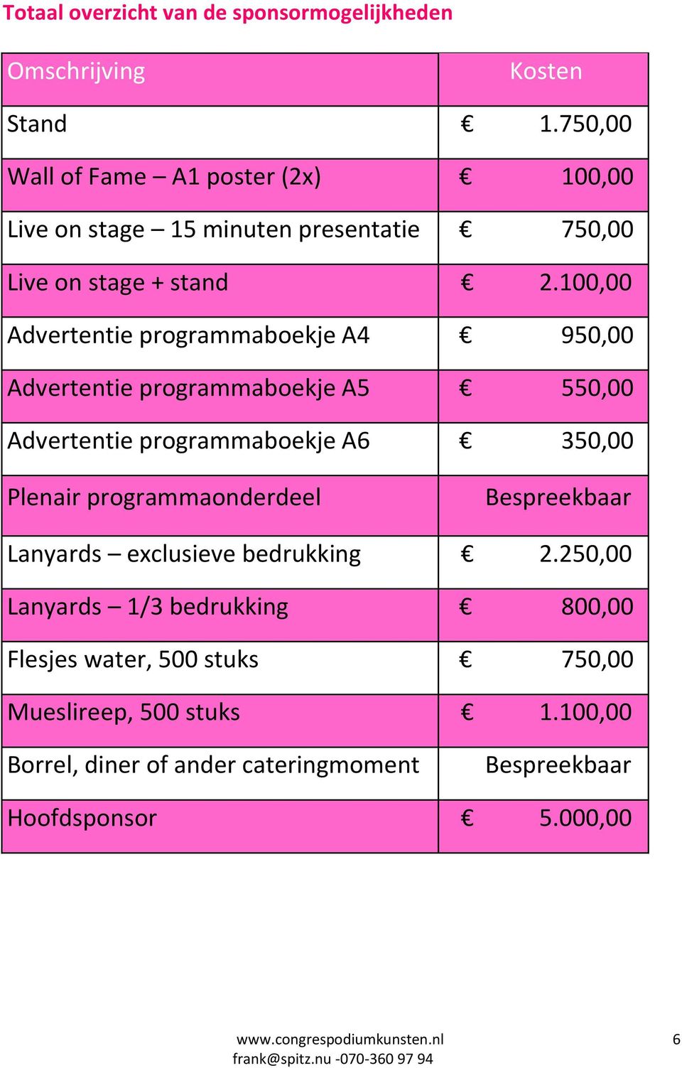 100,00 Advertentie programmaboekje A4 950,00 Advertentie programmaboekje A5 550,00 Advertentie programmaboekje A6 350,00 Plenair