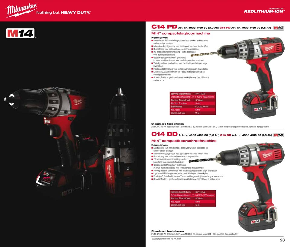 4933 4169 70 (1,5 Ah) M14 compactslagboormachine Meet slechts 215 mm in lengte, ideaal voor werken op krappe en andere lastige plaatsen Milwaukee 4-polige motor voor een koppel van maar liefst 45 Nm