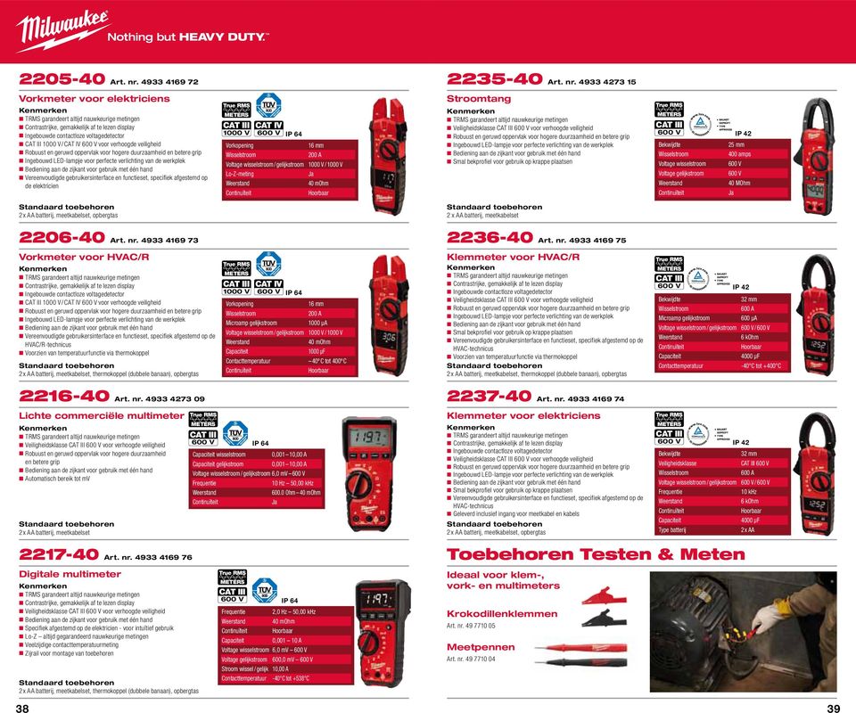 4933 4273 15 Vorkmeter voor elektriciens TRMS garandeert altijd nauwkeurige metingen Contrastrijke, gemakkelijk af te lezen display Ingebouwde contactloze voltagedetector CAT III 1000 V / CAT IV 600