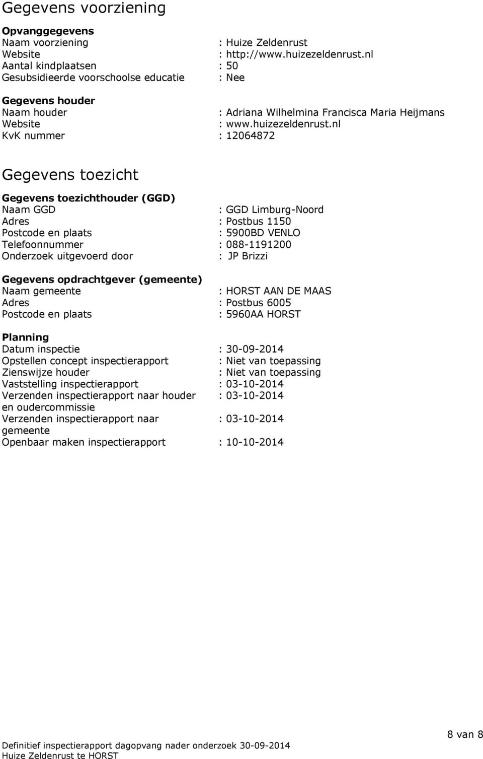 nl KvK nummer : 12064872 Gegevens toezicht Gegevens toezichthouder (GGD) Naam GGD : GGD Limburg-Noord Adres : Postbus 1150 Postcode en plaats : 5900BD VENLO Telefoonnummer : 088-1191200 Onderzoek