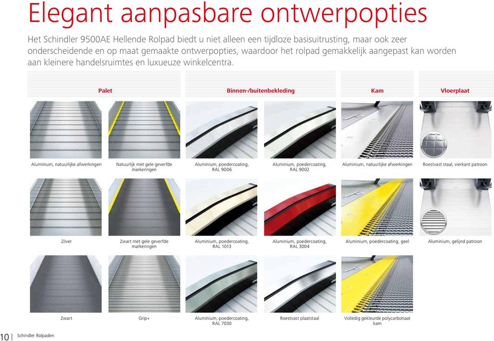 Palet Binnen-/buitenbekleding Kam Vloerplaat Aluminium, natuurlijke afwerkingen Natuurlijk met gele geverfde markeringen Aluminium, poedercoating, RAL 9006 Aluminium, poedercoating, RAL 9002