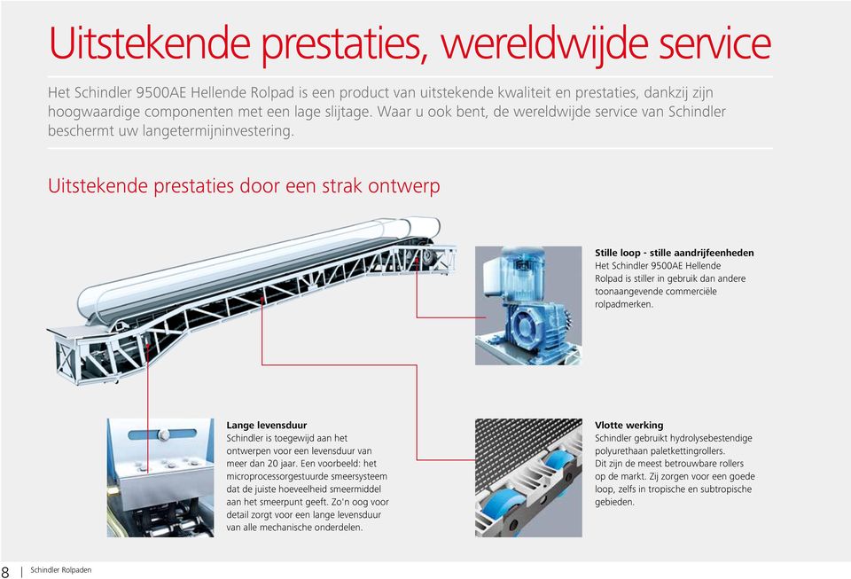 Uitstekende prestaties door een strak ontwerp Stille loop - stille aandrijfeenheden Het Schindler 9500AE Hellende Rolpad is stiller in gebruik dan andere toonaangevende commerciële rolpadmerken.